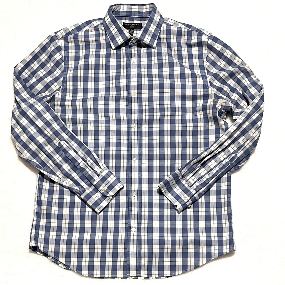 Banana Republic Blue and White Plaid Men's Long‎ Sleeve Dress Shirt Slim Fit L